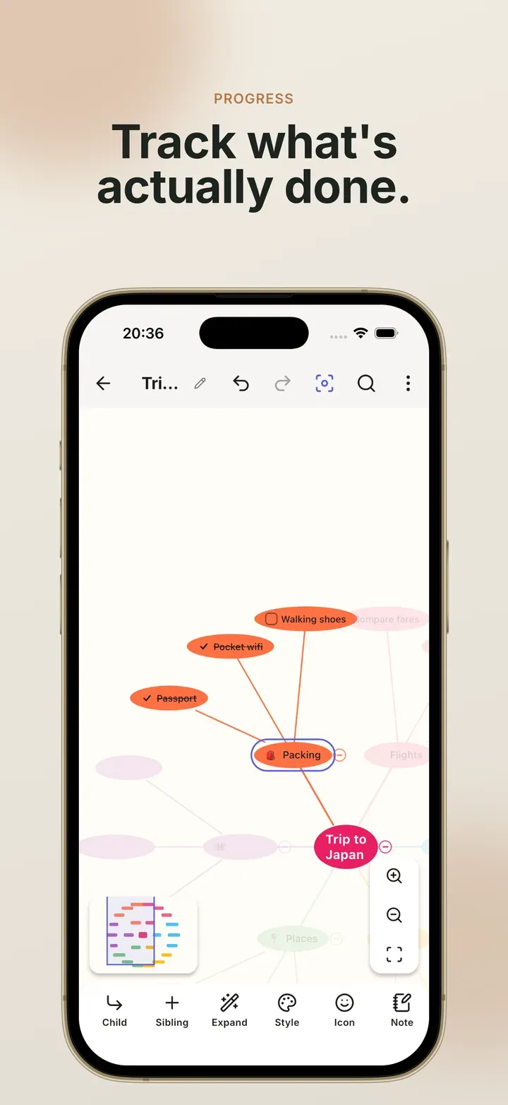 A map with ticked tasks and progress