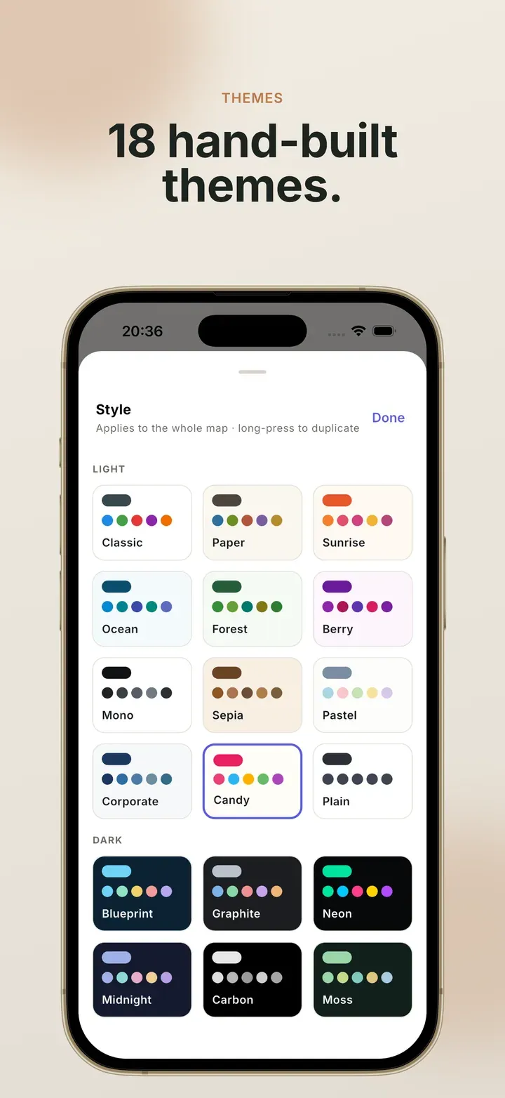 The theme picker with light and dark themes